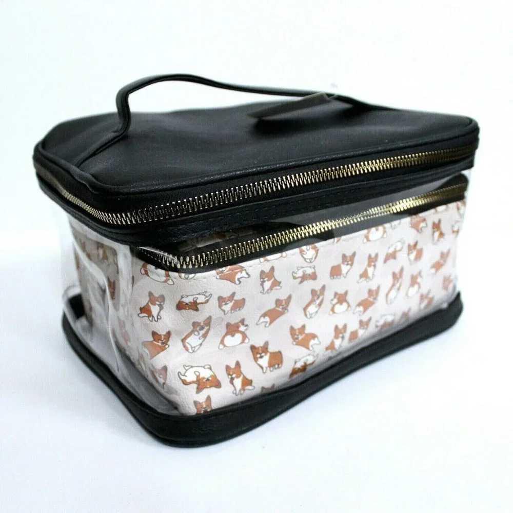 Corgi 2-Pieces Makeup Bag Set Clear and Corgi Print